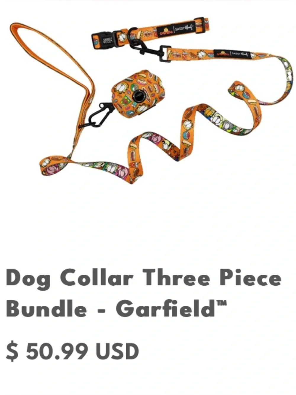 Garfield x Sassy Woof 3 piece dog walk set Collar Fabric Leash Waste Bag Holder